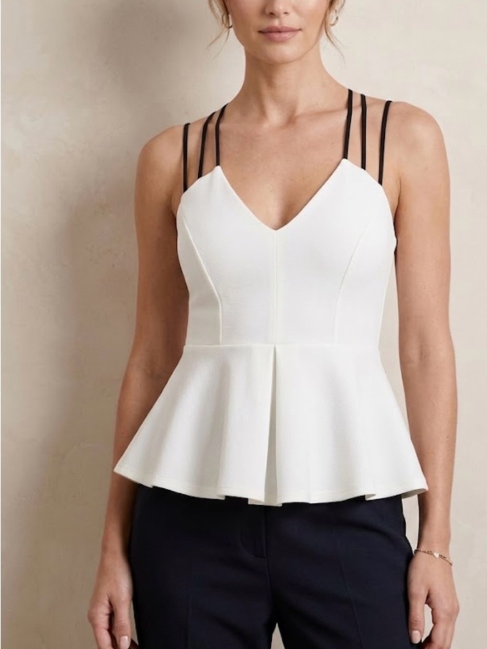 Women's White Peplum V-Neck Cami with Black Strappy Shoulders